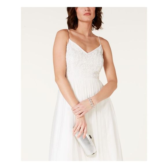 ADRIANNA PAPELL Womens White Beaded Spaghetti Strap Formal Sheath Dress 10 ADRIANNA PAPELL Womens White Beaded Spaghetti Strap Formal Sheath Dress 10